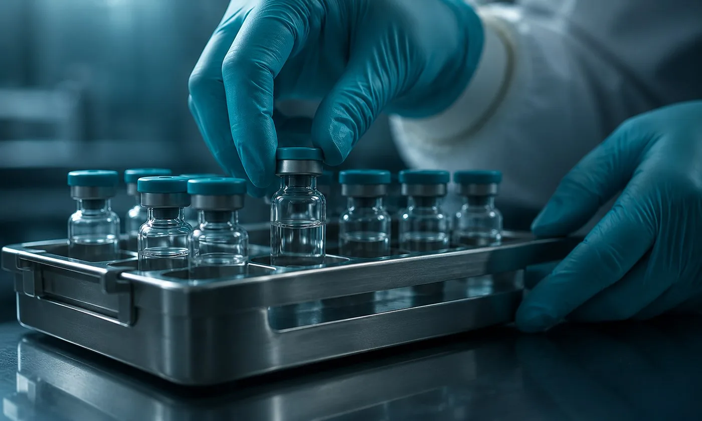 Gloved hands checking sealed vials in a lab rack